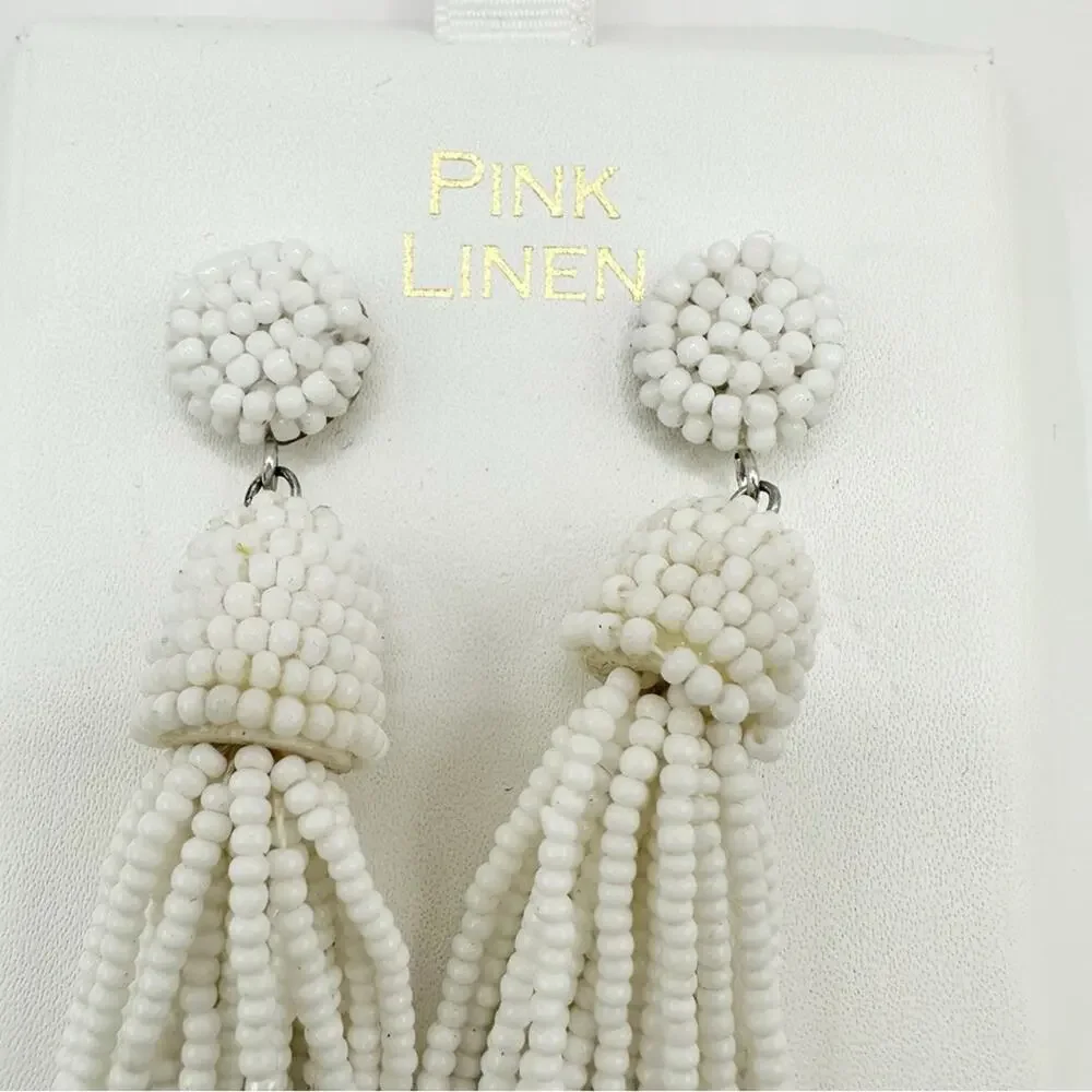 Pink Linen White Tassel Earrings NWT Seed Beads Dangle Jewelry Hand Beaded - Picture 12 of 16